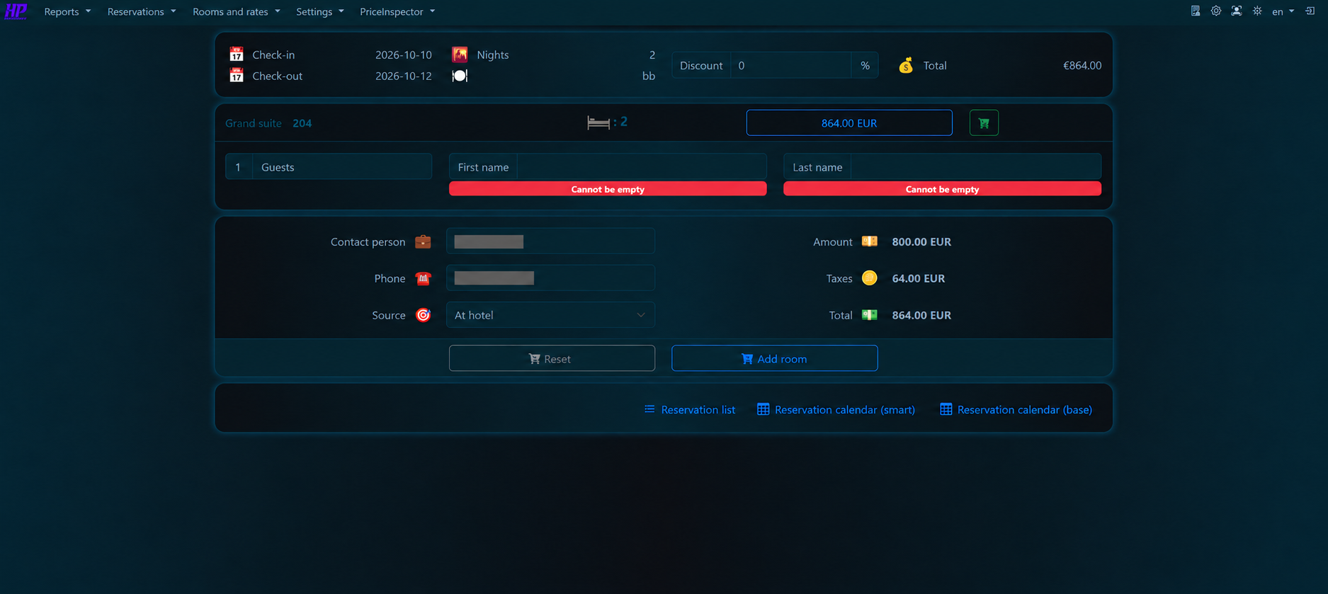 Reservation entry in the PMS — localised screenshot, dark theme